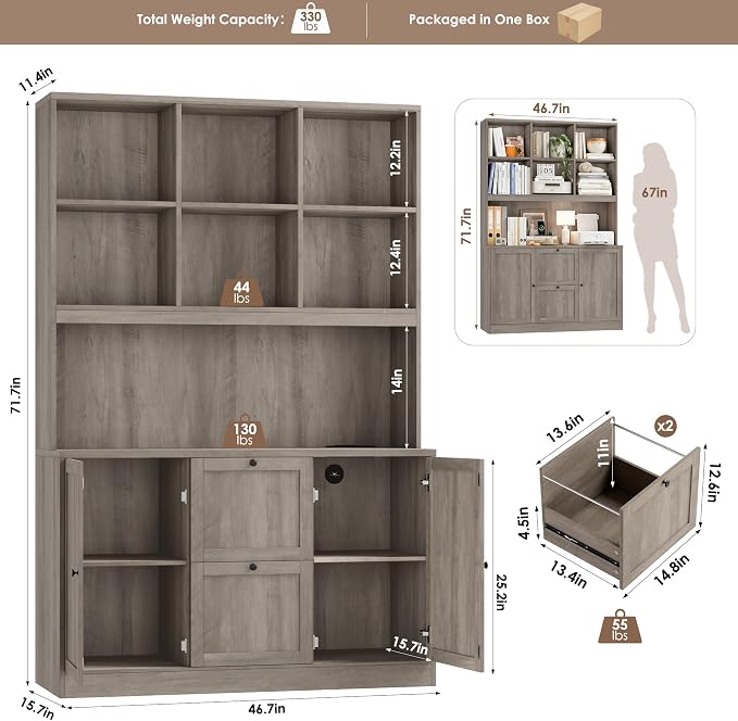 HIFIT 72'' Tall File Bookcase with Power Outlet & Printer Stand, 2 Drawer File Cabinets for Home Office Hanging Letter/A4 File, Storage Cabinet with 3 Tier Book Shelf & Doors For Living Room, Ash Grey
