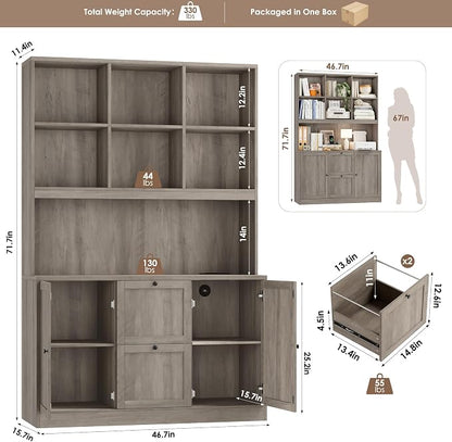 HIFIT 72'' Tall File Bookcase with Power Outlet & Printer Stand, 2 Drawer File Cabinets for Home Office Hanging Letter/A4 File, Storage Cabinet with 3 Tier Book Shelf & Doors For Living Room, Ash Grey