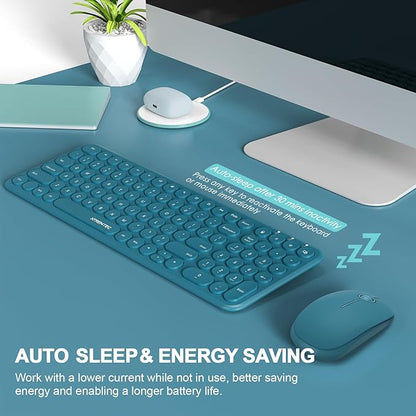Wireless Keyboard and Mouse Combo,XTREMTEC 2.4GHz Quiet Slim Cute Round Keycap Compact Size Blue Kawaii Cordless Retro Keyboard Mouse Set Home Office Accessories for Mac/Windows (Blue)