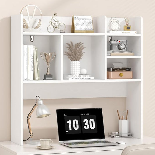 Desk Hutch with 6 Shelves, Desktop Bookshelf Organizer & Hutch Top for Desk, Over Desk Storage Shelf for Office, Home, Dorm | Space-Saving Design (White)
