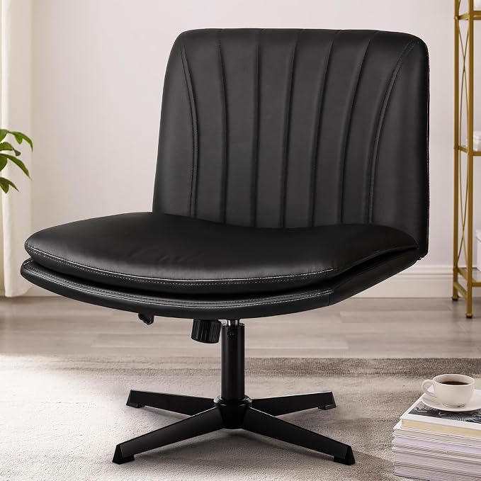 PUKAMI Criss Cross Chair,Comfy Cross Legged Office Desk Chair No Wheels,Modern Fabric Swivel Adjustable Height Mid Back Wide Seat for Home Office Computer (Pu Black)