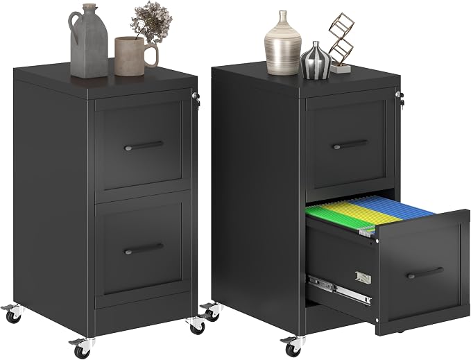 GAIOUS 2 Drawer Mobile File Cabinet with Wheels, Locked Under Desk Cabinet | Metal Filing Cabints with Lock, Black Rolling File Cabinet for Home Office, Fits Letter/Legal/A4 Size