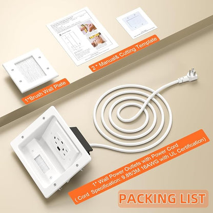 in Wall Cable Management Kit with Brush Wall Plate,AC Outlets & USB-A+USB-C Ports,9ft Cord,Hide Cords Recessed Wall Outlet for TV Cable Management,HDMI Cables and Home Theater Systems