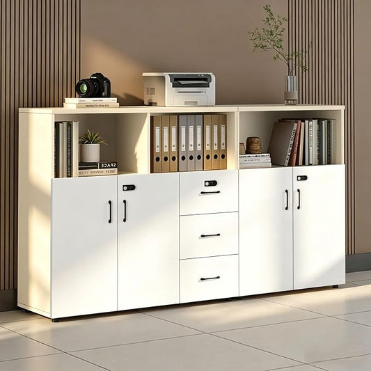 File Cabinet with Password Lock, Wood Lateral Filing Cabinet for Letter/A4 Files, 3 Drawer with Door, Printer Stand with Open Shelves for Home Office