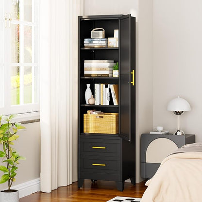 67" Tall Narrow Metal Storage Cabinet, Freestanding Pantry Organizer, Black | Slim Bathroom Cabinets with 2 Drawers & 3 Adjustable Shelves, Multi-Use Cupboard for Kitchen Office Living＆ Dining Room