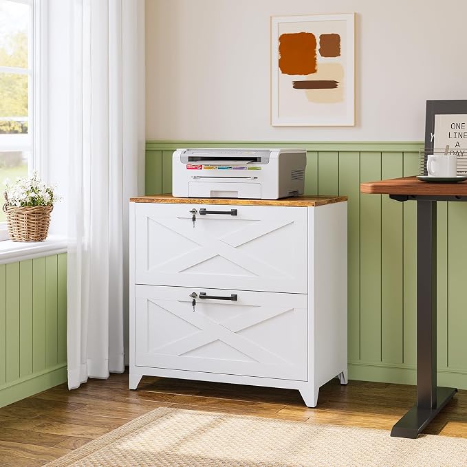2 Drawer Farmhouse File Cabinet with Lock, Lateral Filing Cabinet for Letter/Legal/A4 Size, Wood File Storage Cabinets Printer Stand with Large Storage for Home Office School, White