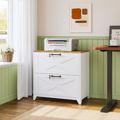2 Drawer Farmhouse File Cabinet with Lock, Lateral Filing Cabinet for Letter/Legal/A4 Size, Wood File Storage Cabinets Printer Stand with Large Storage for Home Office School, White
