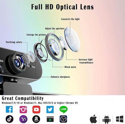 1080P Webcam for PC/Laptop, USB Webcam with Microphone, Noise Cancellation, Support Beauty, Plug & Play with Auto Light Correction for Video Calls, Live Streaming Gaming & Online Meetings