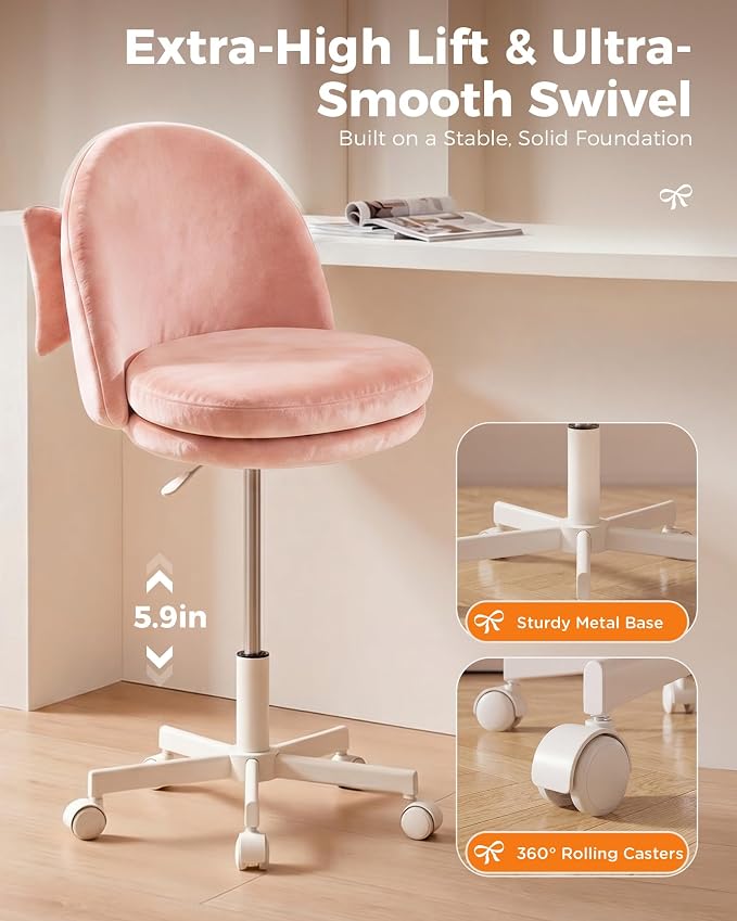 GTPLAYER Velvet Tall Office Chair with Wheels Vanity Chairs with Back, Versatile Height Use: Office to Bar Stools Small Ergonomic Comfy Armlees Computer Desk Chair with Bow Lumbar Pillow for Gift