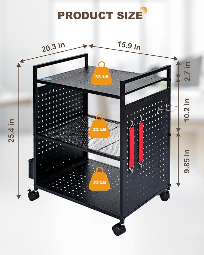 Mythinglogic 3-Tier Rolling Printer Stand with Adjustable Height, Metal Office Organizer Cart, DIY Panels, Lockable Wheels for Home, Office, Kitchen, Gaming