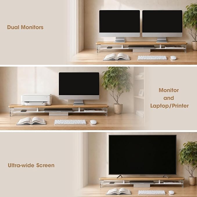 Fenge Monitor Stand Riser, Acrylic Computer Stand, Desktop Oraganizer Stand, Acrylic Laptop Stand Riser with Storage Desk Organizer Accessories (Dark Oak, 42.5in)