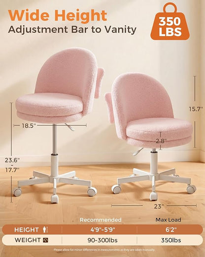 GTPLAYER Velvet Tall Office Chair with Wheels Vanity Chairs with Back, Versatile Height Use: Office to Bar Stools Small Ergonomic Comfy Armlees Computer Desk Chair with Bow Lumbar Pillow for Gift
