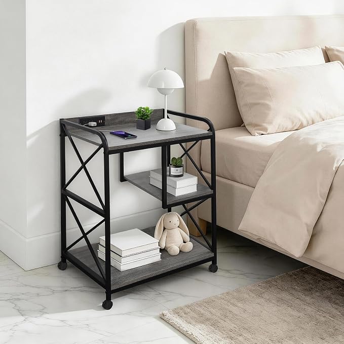 Printer Stand with Storage Shelf, Large Printer Table with Wheels for Home Office, 23 x 18 Inch Printer Shelf with Power Outlet USB Port, Computer Tower Stand, Grey