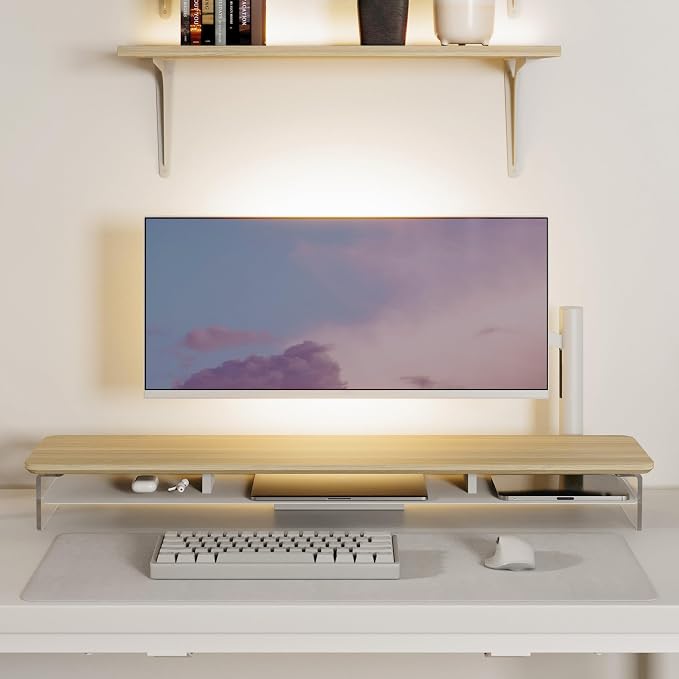 Fenge Acrylic Monitor Stand, 42.5 Inch Clear Dual Monitor Riser with Metal Storage, 2 Tier Computer Riser with LED Lights for Desk, Laptop, Printer, TV