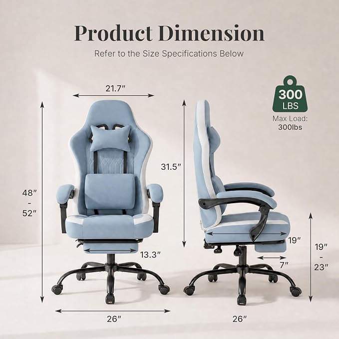Computer Gaming Chair - High Back Ergonomic Desk Chair with Footrest and Lumbar Support, Height Adjustable Task Chair with Linkage Armrests and Headrest, 360° Swivel Wheels, Blue