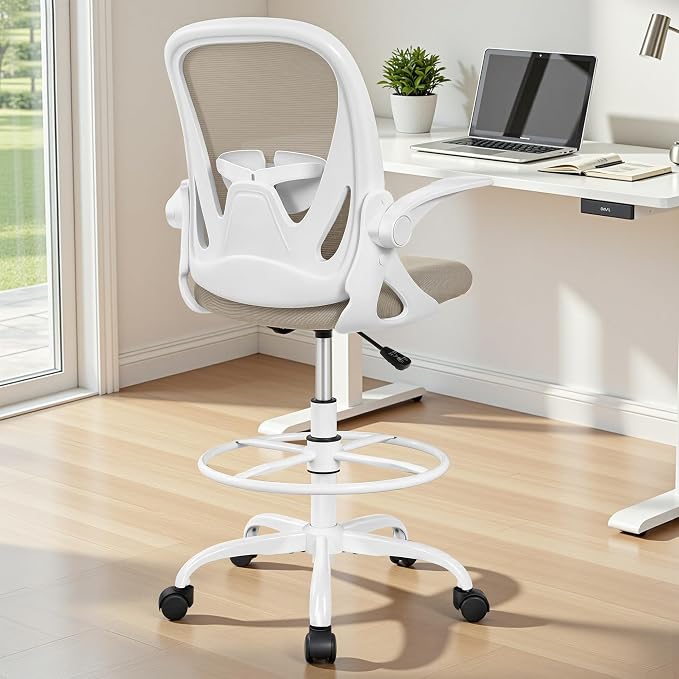 Primy Drafting Chair Tall Office Chair with Flip-up Armrests Executive Ergonomic Computer Standing Desk Chair with Lumbar Support and Adjustable Footrest Ring（Khaki）