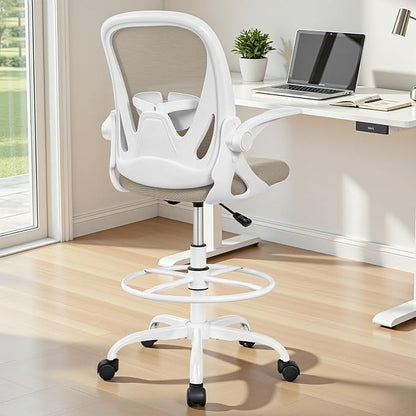 Primy Drafting Chair Tall Office Chair with Flip-up Armrests Executive Ergonomic Computer Standing Desk Chair with Lumbar Support and Adjustable Footrest Ring（Khaki）