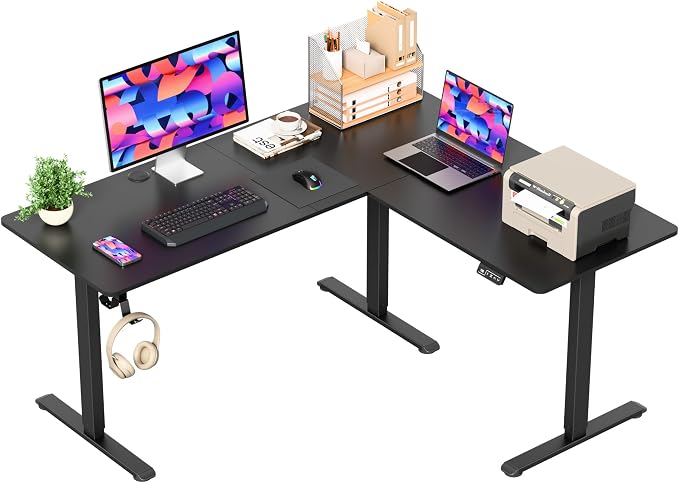 Furmax 63 x 55 Inch L Shaped Standing Desk with 2 Preset Heights, Electric Height Adjustable Computer Table, 2 Hooks & Feet Balance, Corner Sit Stand Desk for Home Office (Black, 63 x 55 Inch)
