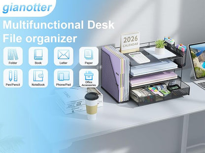 gianotter Desk Organizers and Accessories with File Holder, 4-Tier Desk Accessories & Workspace Organizers with Drawer and 2 Pen Holder, Paper Organizer for Office Supplies (Black)