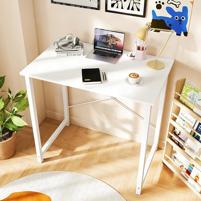 Sweetcrispy Small Computer Office Desk 32 Inch Student Study Writing Work with Metal Frame Wood Tabletop Modern Simple Home Bedroom PC Table - White, 2 Pack