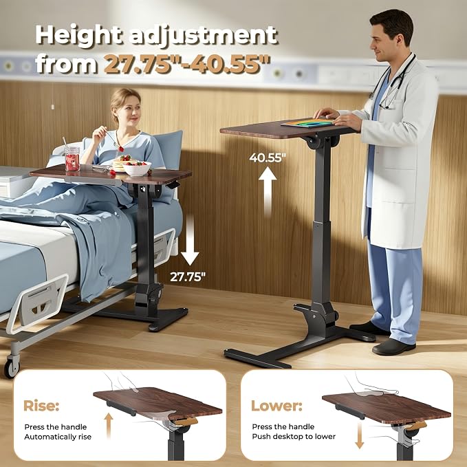 JOY worker Foldable Overbed Bedside Table, 180° Tiltable Mobile Standing Desk with Wheels, 31.5" Height Adjustable Rolling Laptop Desk for Home & Hospital Use, Easy Storage, Rustic Brown