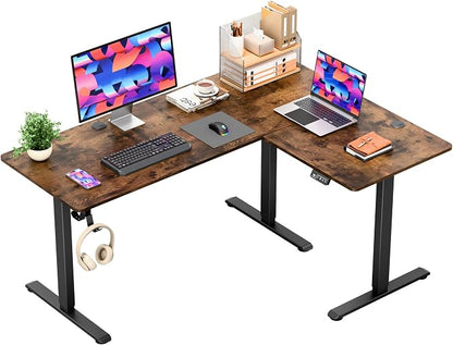 Furmax 63 x 48 Inch L Shaped Standing Desk with 2 Preset Heights, Electric Height Adjustable Computer Table, 2 Hooks & Feet Balance, Corner Sit Stand Desk for Home Office (Rustic Brown, 63 x 48 Inch)