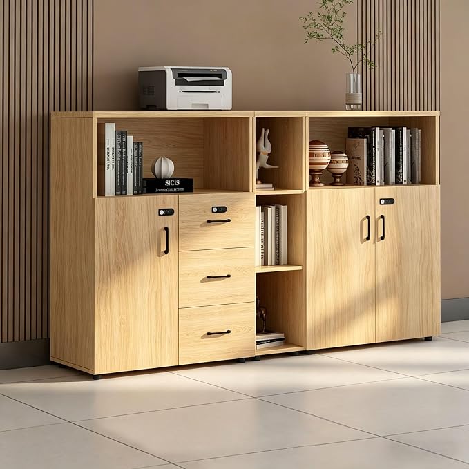 File Cabinet with Password Lock, Wood Lateral Filing Cabinet for Letter/A4 Files, 3 Drawer with Door, Printer Stand with Open Shelves for Home Office