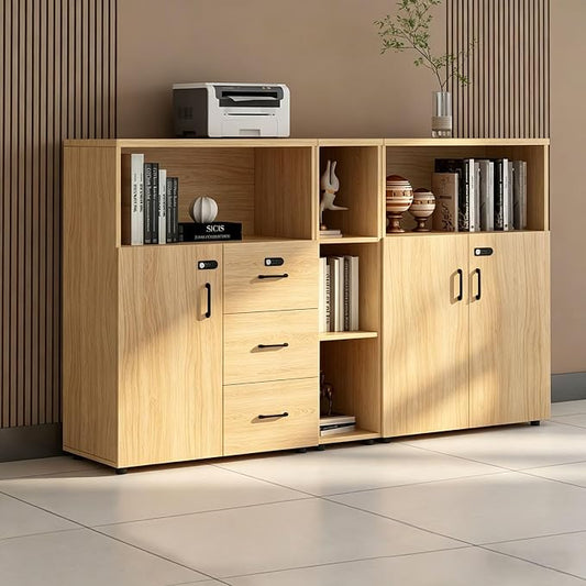 File Cabinet with Password Lock, Wood Lateral Filing Cabinet for Letter/A4 Files, 3 Drawer with Door, Printer Stand with Open Shelves for Home Office