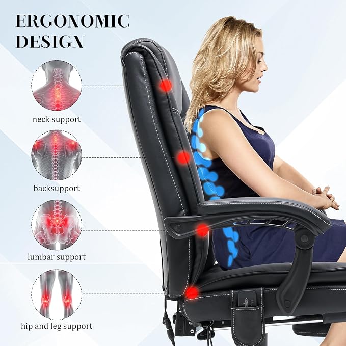HOMREST Executive Office Chair, Black | Heat and Massage, High-Back PU Leather, Ergonomic with Retractable Footrest, Link Armrests, Reclining Computer Chair