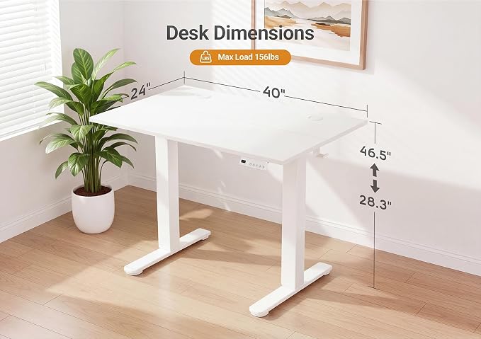 YDN Electric Standing Desk Adjustable Height, 40 x 24 Inches Sit Stand up Desk with Memory Presets & Cable Management, Home Office Desk for Office & Computer Workstation, White Frame/White Top