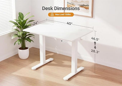 YDN Electric Standing Desk Adjustable Height, 40 x 24 Inches Sit Stand up Desk with Memory Presets & Cable Management, Home Office Desk for Office & Computer Workstation, White Frame/White Top