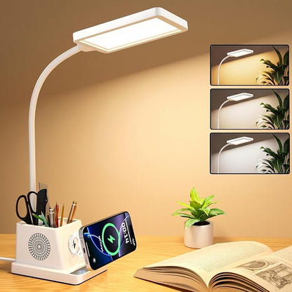 cozoo LED Desk Lamp for Home Office, Desk Light with 15W Wireless Charger Pen Holder, 12 Lighting Modes Desk Lamp for Bedroom, Small Table Lamp for College Dorm, Study, Craft, Nail, White