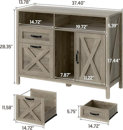 Befrases Farmhouse File Cabinet with Doors, Lateral Filing Cabinet with 2 Drawers for Letter/A4 Size Hanging Files, Large Wooden Printer Stand with Open Shelf for Home Office, Rustic Grey