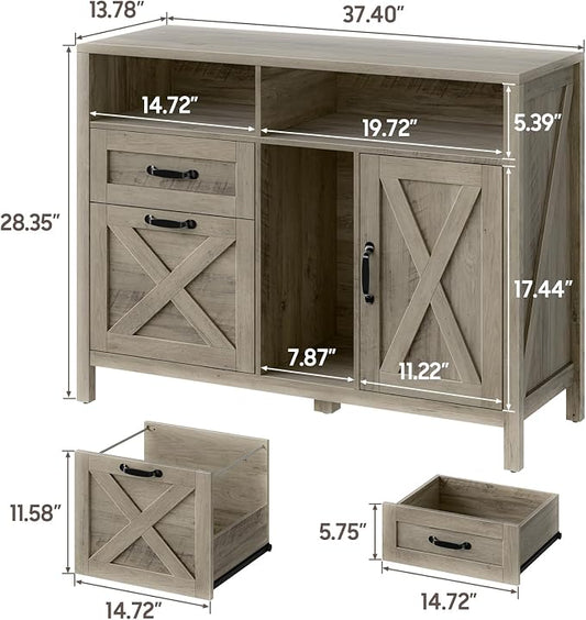 Befrases Farmhouse File Cabinet with Doors, Lateral Filing Cabinet with 2 Drawers for Letter/A4 Size Hanging Files, Large Wooden Printer Stand with Open Shelf for Home Office, Rustic Grey