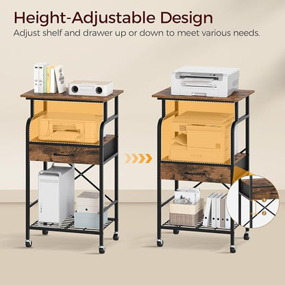 MAHANCRIS Tall Printer Stand, 3 Tier Printer Cart with Storage, Industrial Printer Table on Wheels, Adjustable Shelf & Fabric Drawer, for Home Office Study Rustic Brown PTHR5401