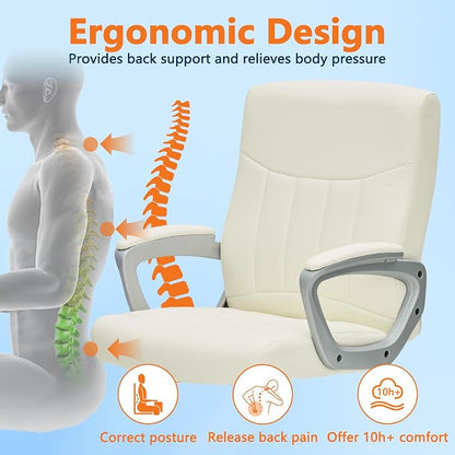 CLATINA Leather Office Executive Chair with Lumbar Support and Padded Armrestes, Swivel Rolling Ergonomic Mid Back Computer Task Desk Chair for Home, Conference, Waiting Room, White