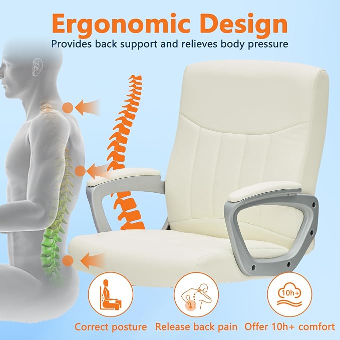CLATINA Office Computer Desk Chair Executive Mid Back Chair Comfortable Ergonomic Managerial Chair Adjustable PU Leather Home Office Desk Chair Swivel, White 1PK