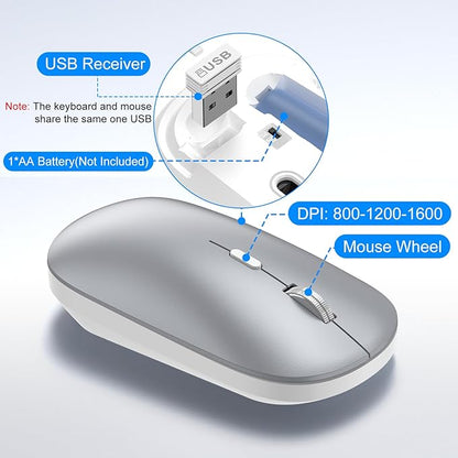 Wireless Keyboard and Mouse Combo, Full Size Keyboard and Mouse, Long Battery Life, Optical Mouse, 2.4G Lag-Free Cordless Mice Keyboard Set Ultra Slim Design for Computer, Laptop, PC, Mac (Silver)
