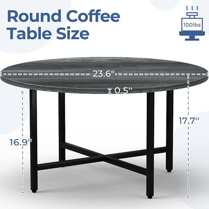 FAMIDGE Coffee Table, 23.6" Coffee Tables for Living Room, Round Coffee Table with Metal Frame, Floor Table for Sitting on The Floor, Home, Office, Elegant Gray