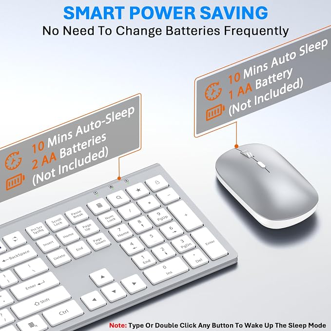Wireless Keyboard and Mouse Combo, Full Size Keyboard and Mouse, Long Battery Life, Optical Mouse, 2.4G Lag-Free Cordless Mice Keyboard Set Ultra Slim Design for Computer, Laptop, PC, Mac (Silver)