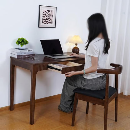 Solid Wood Desk with Drawer, Small Writing Desk for Small Spaces,Gaming Study Home Office Workbench woodenDesks for Work, 39 inch Wooden Computer Desk for Bedroom Walnut Color