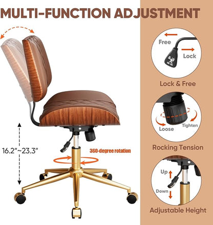 Home Office Desk Chair with Swivel Wheels, Modern PU Leather Armless Office Chair, Small Mid Back Computer Chair for Home Office, Reading Meeting Room (Coffee Brown, Gold Wheels)