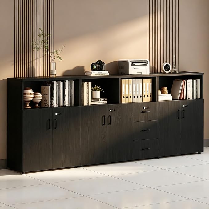 File Cabinet with Password Lock, Wood Lateral Filing Cabinet for Letter/A4 Files, 3 Drawer with Door, Printer Stand with Open Shelves for Home Office