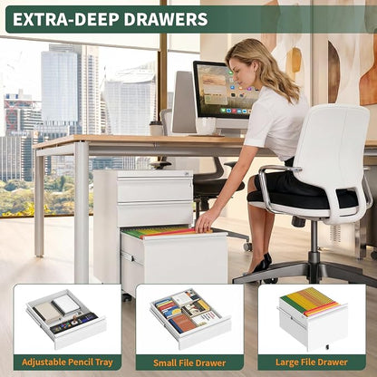 3 Drawer File Cabinet with Lock,Under Desk Filing Cabinet for Home Office Storage Letter/Legal/A4,Mobile Steel Cabinets with Wheels,Fully Assembled,White