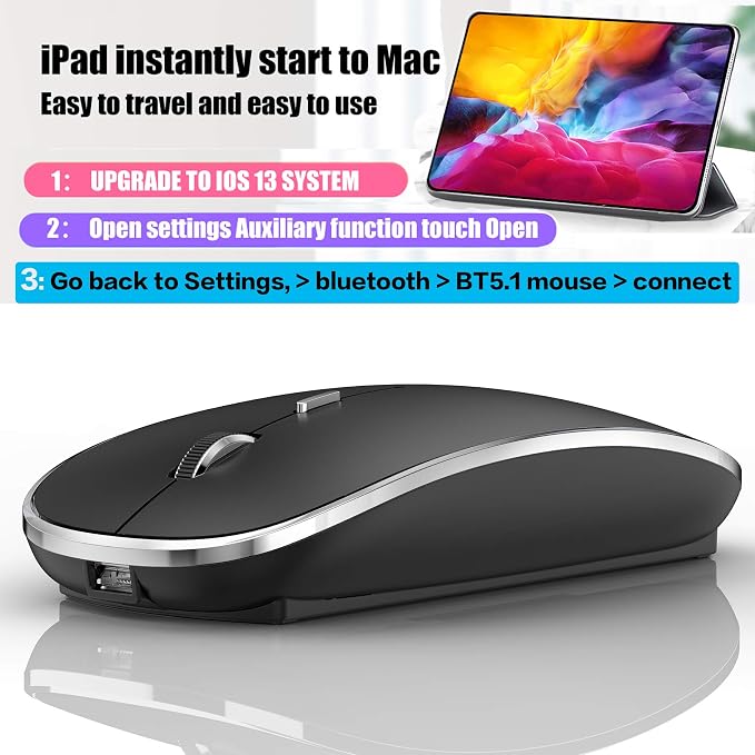 Rechargeable Bluetooth Mouse, Black, 450mAh Battery, 3 DPI Levels, Skin-Friendly, 10-Minute Power Saving