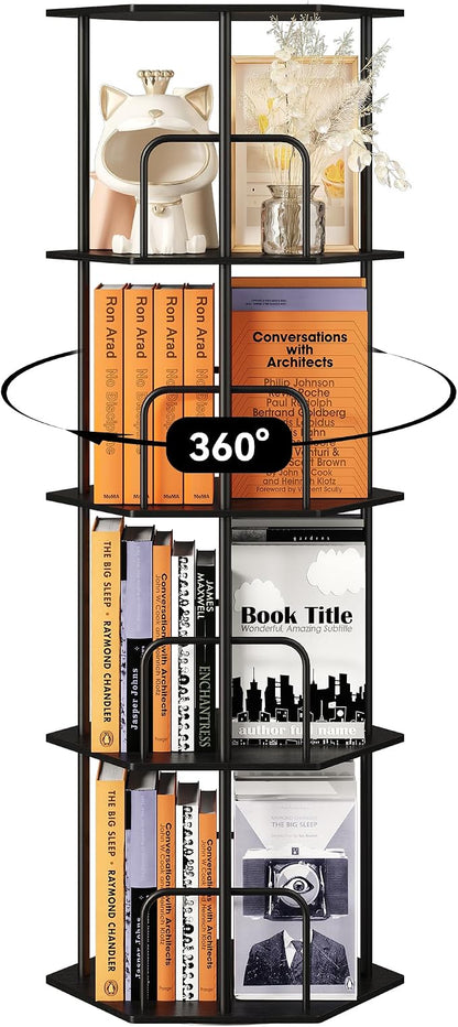 SUNMORY 4 Tier Rotating Bookshelf Tower, Revolving 360 ° Spinning Bookcase, Hexagonal Corner Book Shelf Storage Carousel, Vertical Rotate Turning Organizer Book Shelves for Living Room Office Bedroom