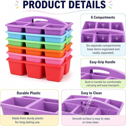 6 Pack Assorted Colors 6 Compartment Classroom Caddy with Handle Portable Plastic Storage Classroom Caddies Organizer for Classrooms Supply Teacher Office Table Desk(Rainbow)