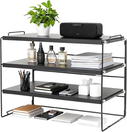 PowerKing Desk Shelf Organizer, 3-Tier Desktop Shelves with Wood Board, Adjustable Bookshelf Storage Rack for Home Office School Study Room (Black Frame + Black Wood)