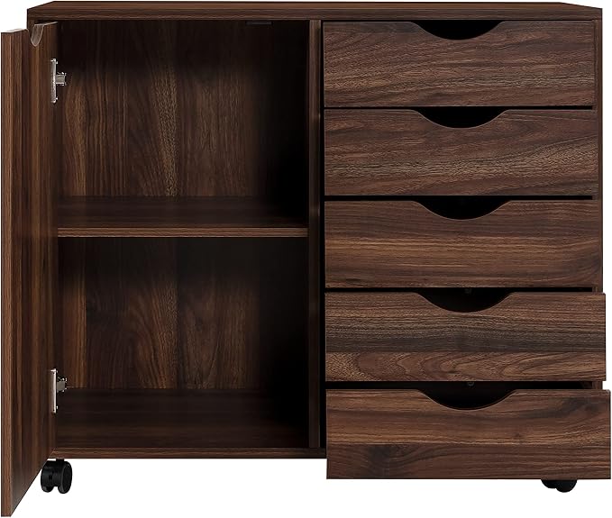 Naomi Home Under Desk Rolling Office File Cabinet with 5 Drawers & Side Storage Cabinet, Mobile Organizer with Shelves & Swivel Casters for Home Office - Brown Oak