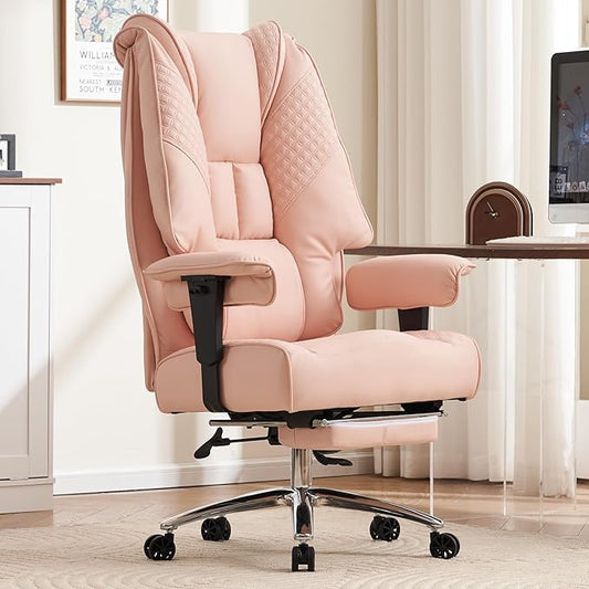 EXCEBET Big and Tall Office Chair 400lbs Wide Seat, Leather High Back Executive Office Chair with Foot Rest, Ergonomic Chairs Lumbar Support for Lower Back Pain Relief (Light Pink)